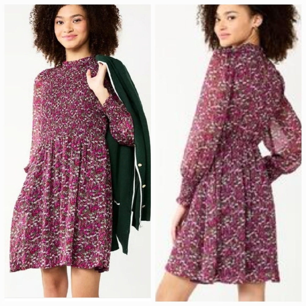 Draper James Longsleeve Smocked Top Dress Plum Floral Pockets Medium